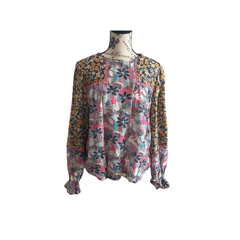 Fate Tunic Floral Blouse Size Medium Blue Fairy Cottage Boho Chic Crochet Accent
